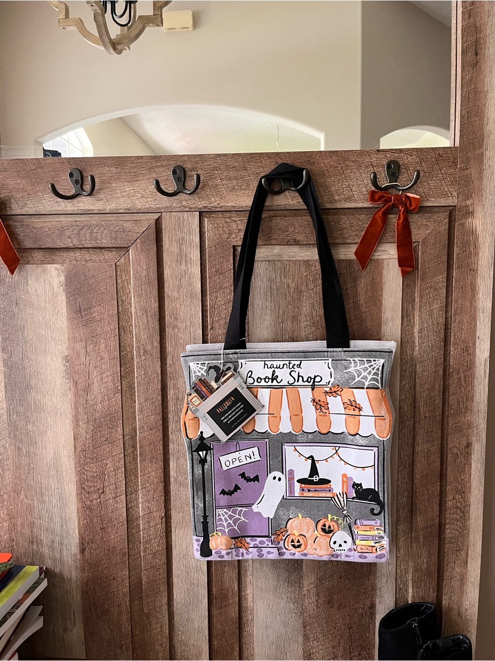 Halloween Haunted Book Shop Tote Bag in Orange, Purple and Black double sided!
